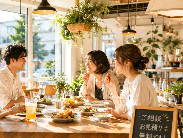 テーブルを囲んで楽しく話す人たち